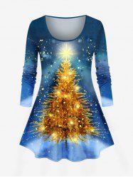 Plus Size Glitter Sparkling Christmas Tree Tie Dye Ombre Galaxy Print Long Sleeves T-shirt - Bleu 2X