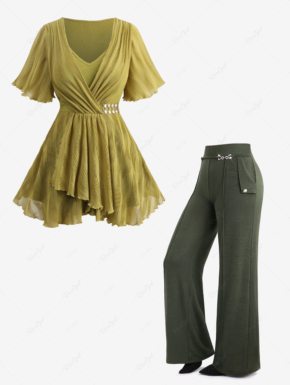 Jacquard Pearl Buckle Ribbed Surplice Lettuce Hem Blouse and Pockets Buttons Wide Leg Pants Plus Size Outfit
