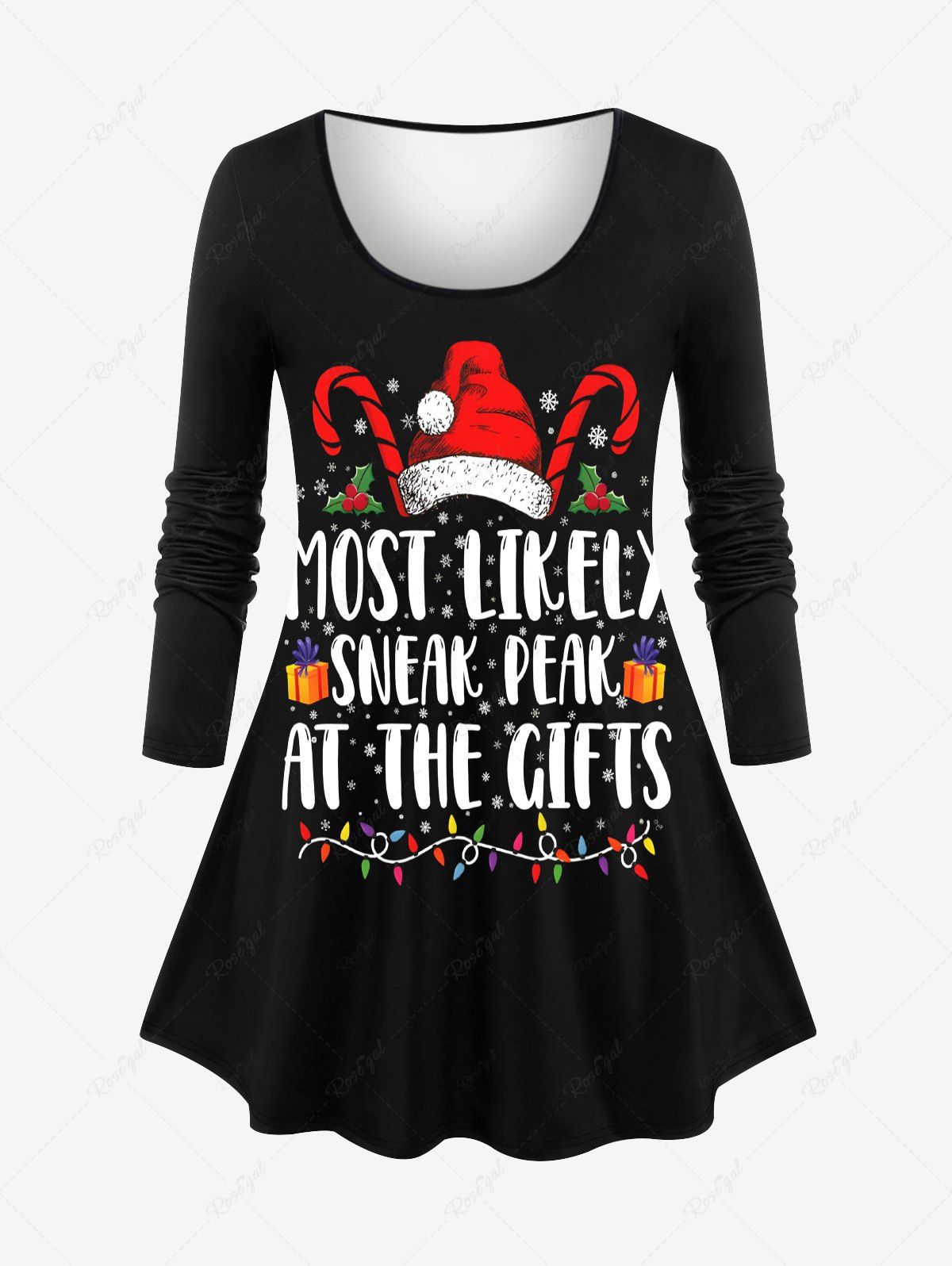 Shops Plus Size Christmas Hat Snowflake Light Candy Letters Print Long Sleeves T-shirt  