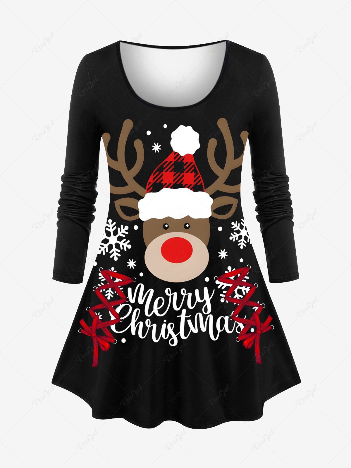 Outfits Plus Size Plaid Christmas Hat Elk Snowflake Letters Lace Up Print Long Sleeves T-shirt  