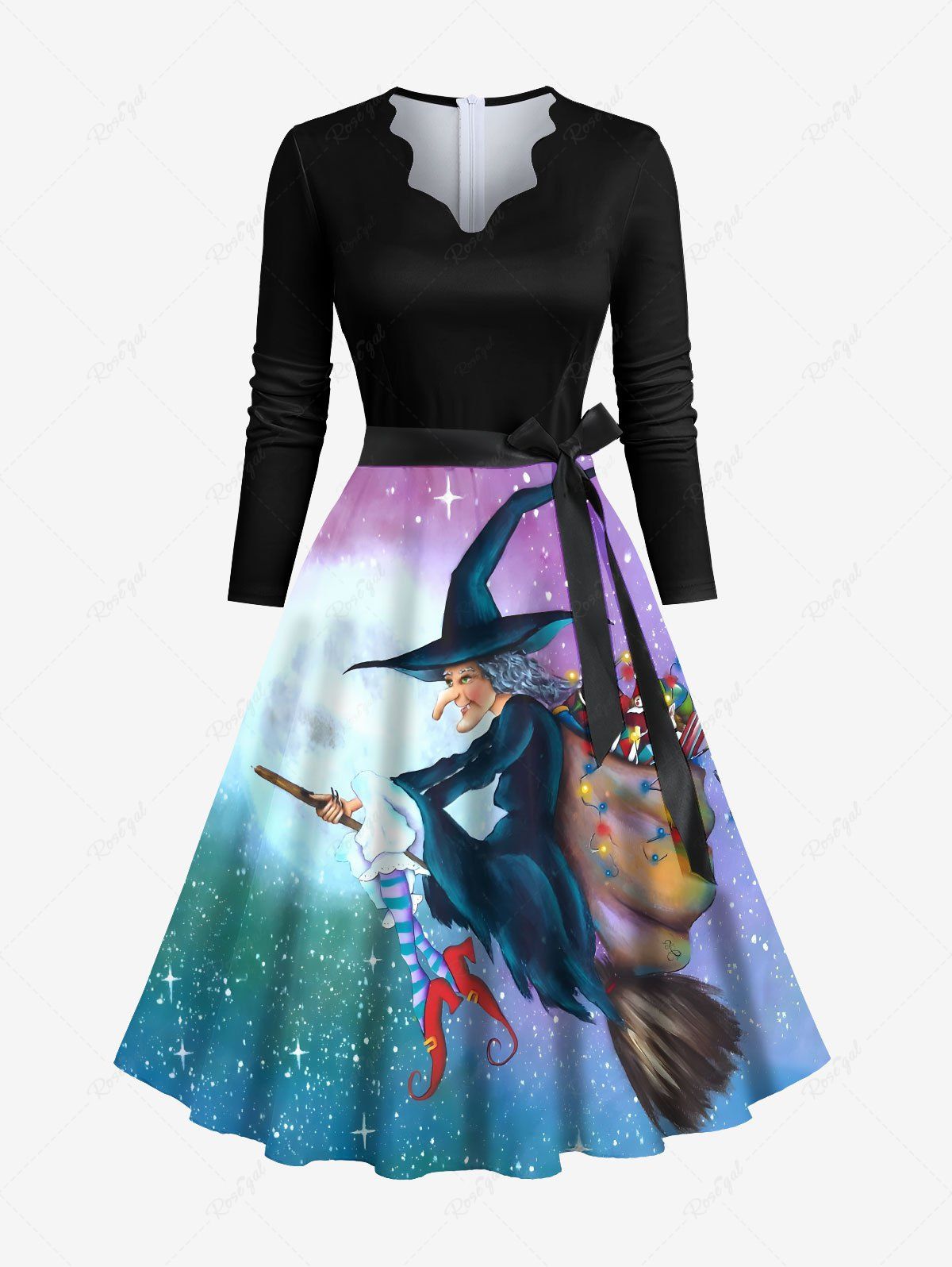Robe de Noël Ligne A Galaxie Chaussette Imprimée de Grande Taille à Col Festonné avec Ceinture Multi-A 6XL