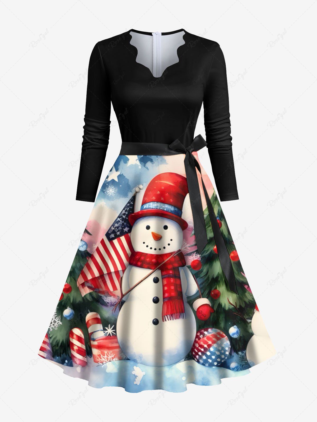 Cheap Plus Size Christmas Tree Snowflake Snowman Tie Dye Patriotic American Flag Print Scalloped Neck Dress with Tied Belt  