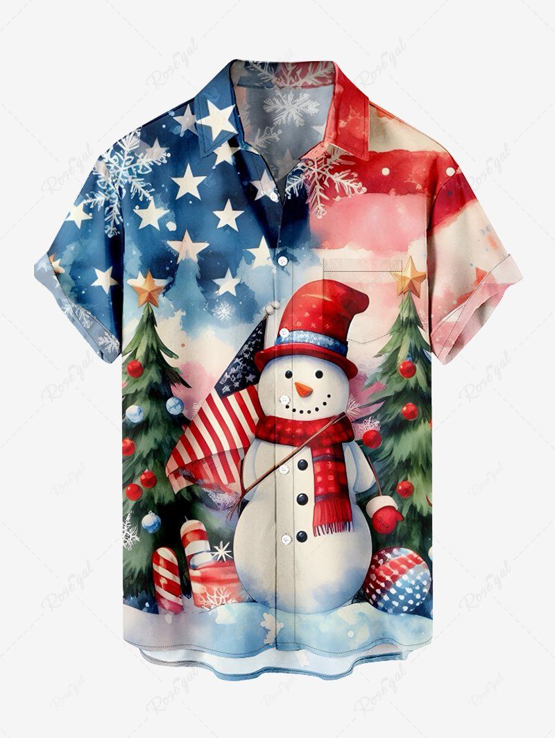 Chemise à Boutons avec Poche Imprimé Sapins de Noël et Bonhomme de Neige Grande Taille pour Hommes Multi-A 2XL
