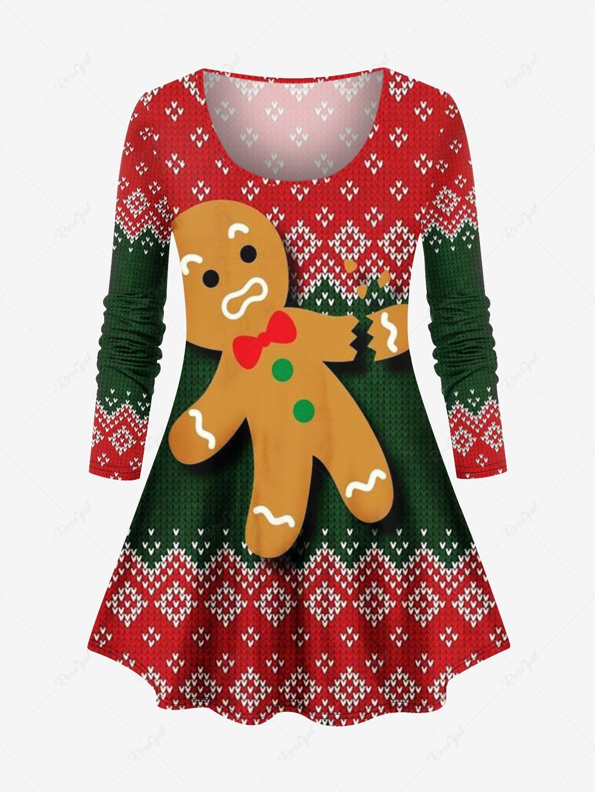 T-shirt de Noël Texturé 3D Tricoté Imprimé de Grande Taille à Manches Longues Rouge 6X