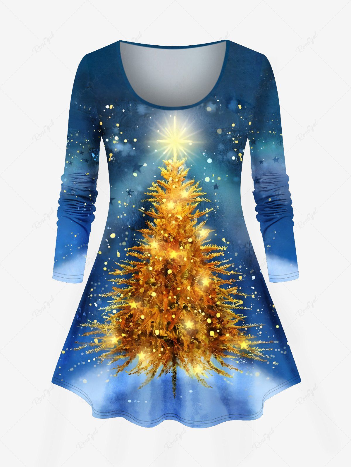 T-shirt à manches longues grande taille à imprimé galaxie ombré et tie-dye avec motif sapin de Noël scintillant et scintillant Bleu XS
