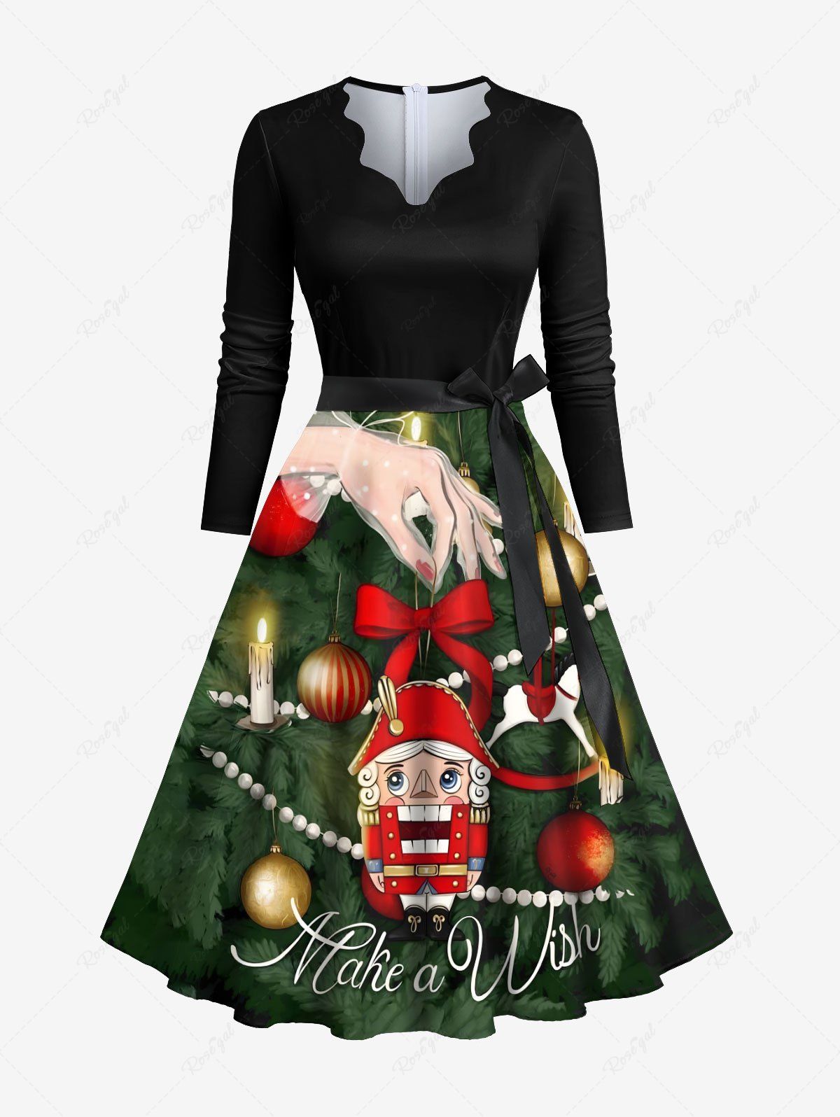 Discount Plus Size Christmas Ball Candle Dolls Print Scalloped Neck A Line Dress with Tied Belt  