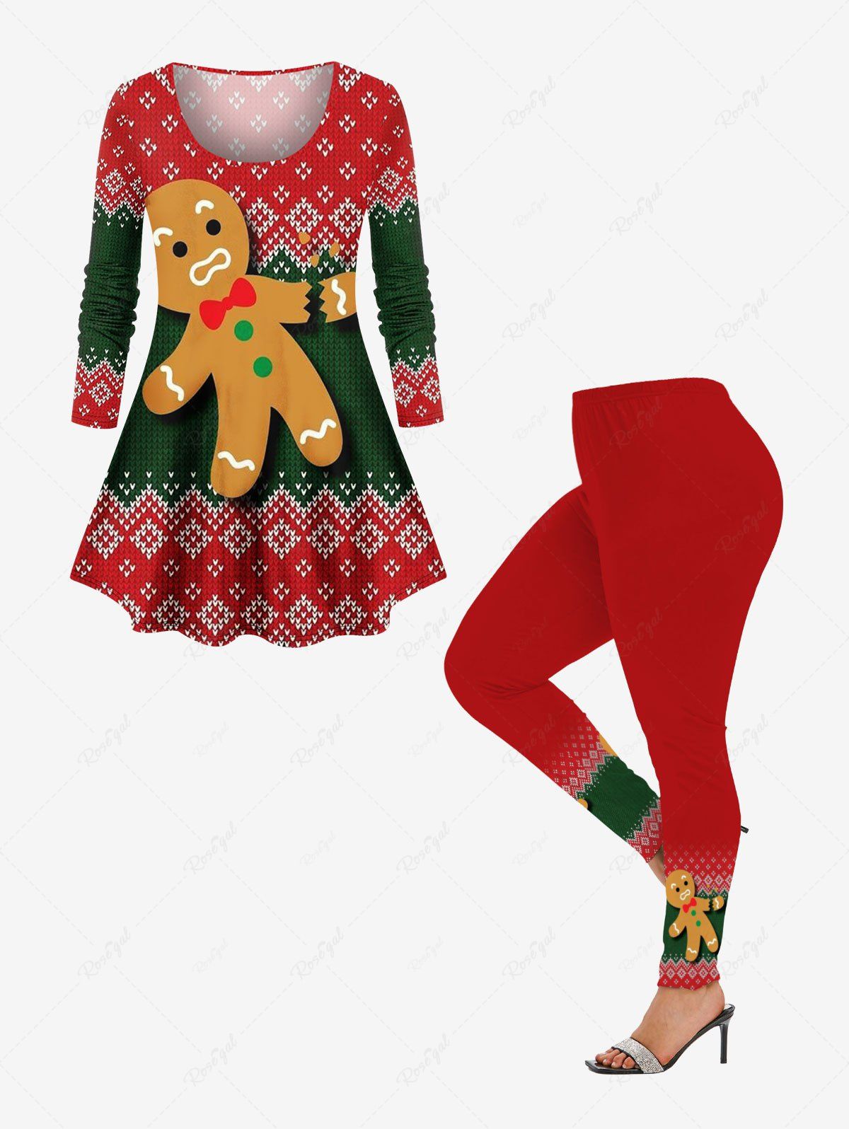 Buy Christmas 3D Textured Knit Gingerbread Print Long Sleeves T-shirt and Leggings Plus Size Matching Set  