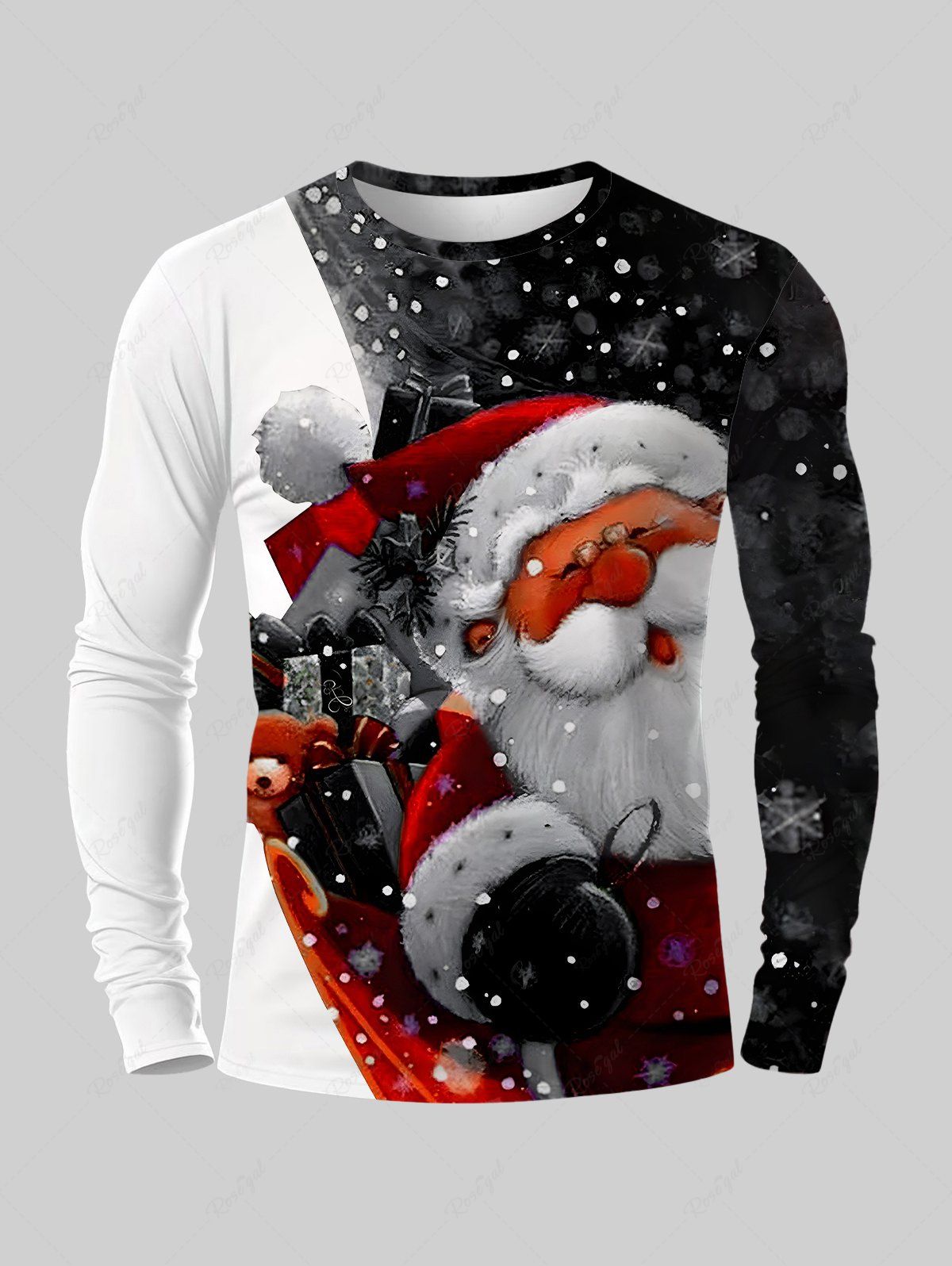 T-shirt Bicolore Père Noël et Cadeaux Imprimés de Grande Taille Noir S