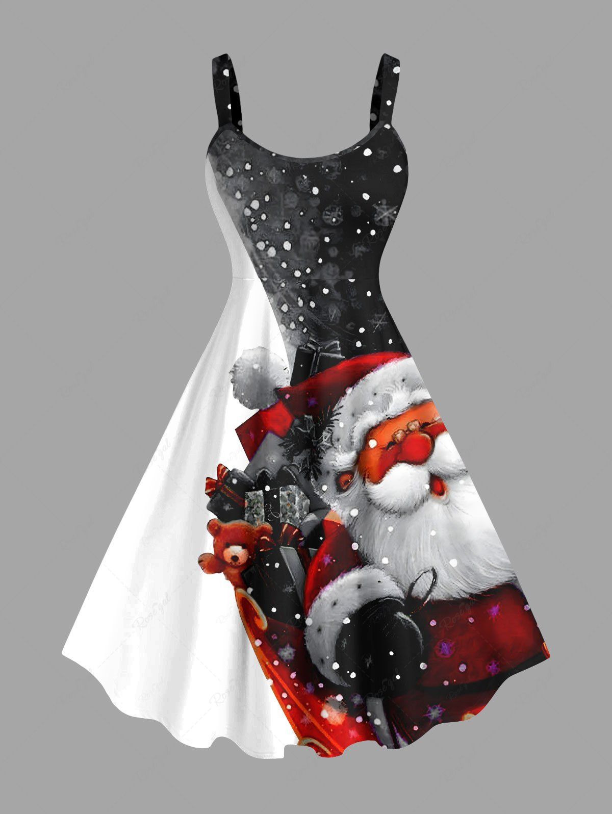 Chic Plus Size Christmas Santa Claus Gift Box Two Tone Colorblock Print Tank Dress  