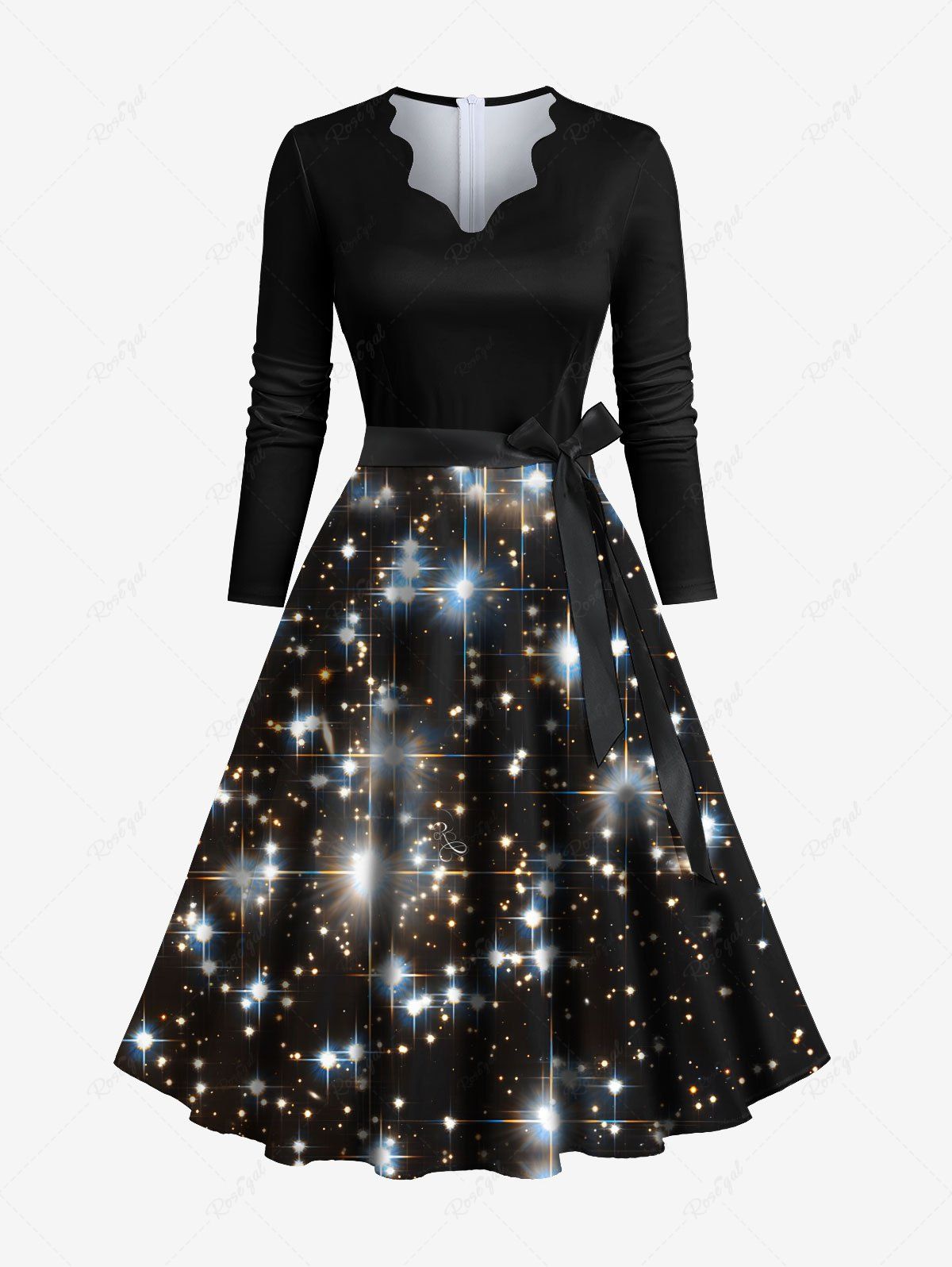 Buy Plus Size Christmas Galaxy Star Glitter 3D Print Scalloped V Neck Dress With A Belt  
