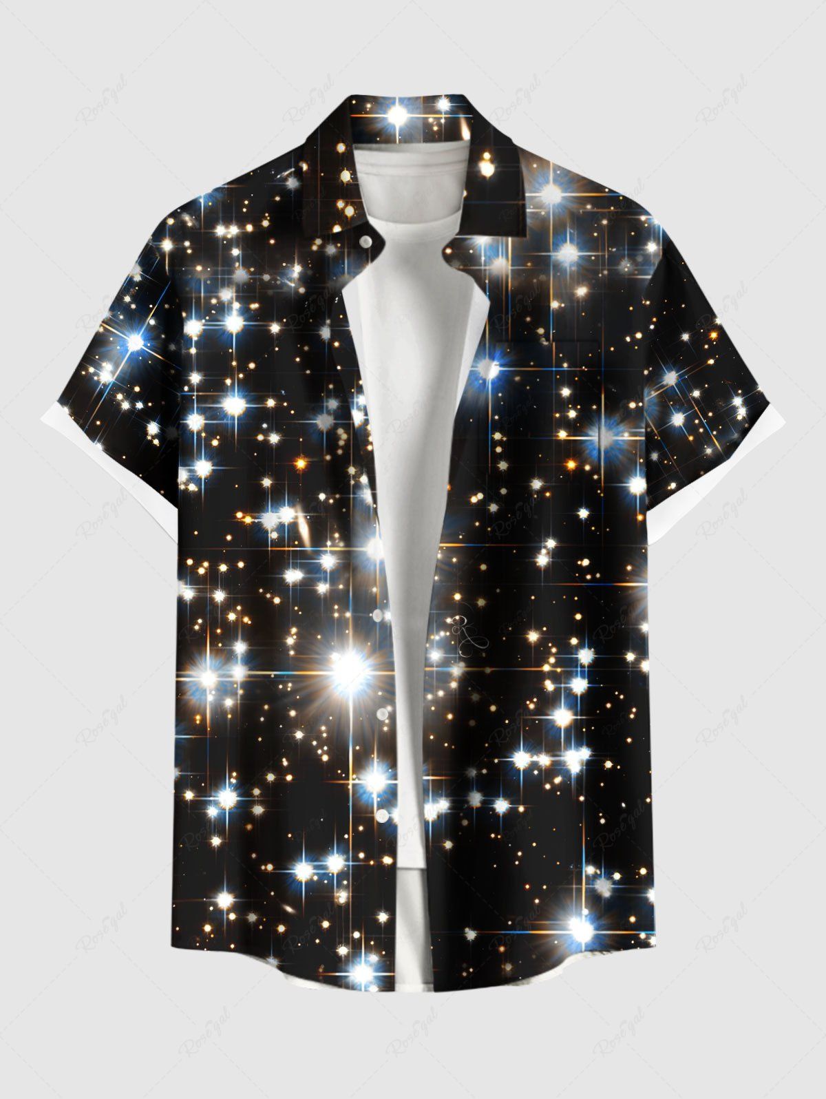 Chemise de Noël 3D Etoile Galaxie Imprimée de Grande Taille avec Poche à Paillettes avec Boutons Noir 3XL