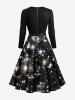 Plus Size Christmas Galaxy Star Glitter 3D Print Scalloped V Neck Dress With A Belt -  