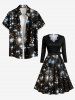 Plus Size Christmas Galaxy Star Glitter 3D Print Scalloped V Neck Dress With A Belt -  