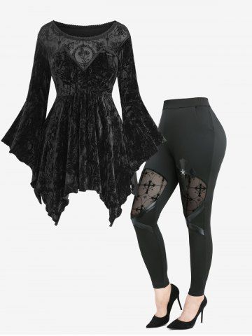 Tulip Flower Mesh Flocking Embossed Crinkle Patchwork Velvet Handkerchief Asymmetric Bell Sleeves Top and Cross Floral Flocking Mesh Patchwork PU Leather Pocket Leggings Plus Size Outfit - BLACK