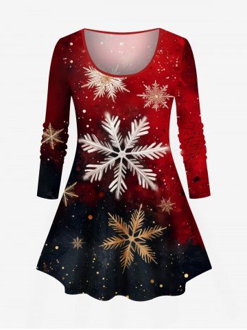 Plus Size Christmas Snowflake Ombre Galaxy Print Long Sleeves T-shirt - RED - M