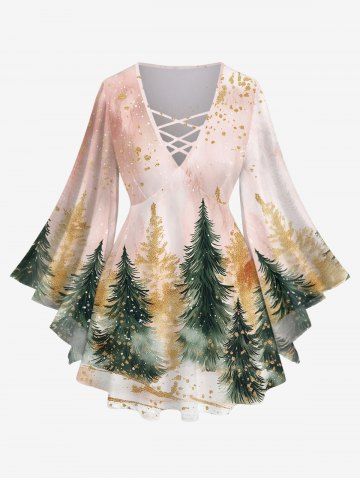 Plus Size Christmas Tree Print Ombre Lattice Long Sleeves T-shirt - LIGHT PINK - XS