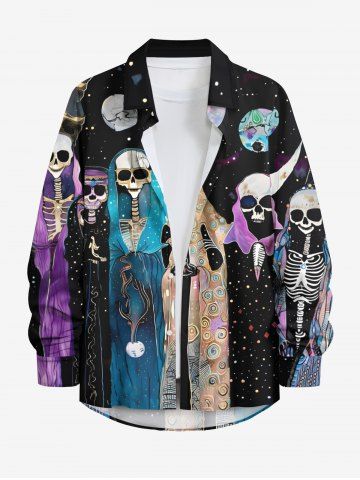 Plus Size Skull Skeleton Moon Planet Galaxy Print Button Long Sleeves Shirt For Men - BLACK - M