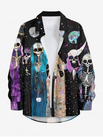 Plus Size Skull Skeleton Moon Planet Galaxy Print Button Long Sleeves Shirt For Men - BLACK - 7XL