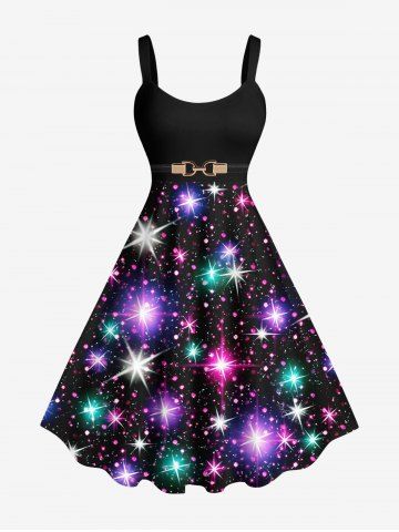 Plus Size Christmas Colorful Glitter Sparkling Stars Galaxy Belt Print A Line Tank Dress - BLACK - 1X