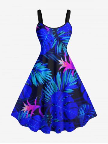 Plus Size Tropical Leaf Flower Print Hawaii Tank Dress - BLUE - XS