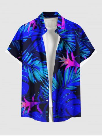 Plus Size Tropical Leaf Flower Print Buttons Pocket Hawaii Shirt For Men - BLUE - 4XL