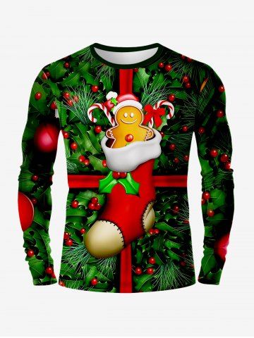 Plus Size Christmas Sock Holy Fruit Leaf Candy Gingerbread Print T-shirt For Men - GREEN - XL