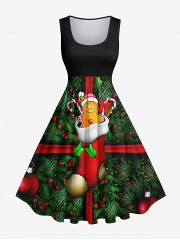 Plus Size Christmas Sock Holy Fruit Leaf Candy Gingerbread Print 1950s Vintage Dress - BLACK - 6X