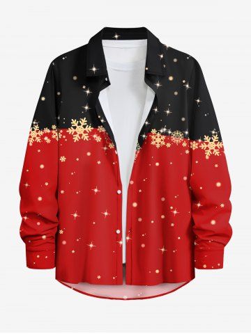 Plus Size Christmas Snowflake Two Tone Colorblock Star Glitter 3D Print Buttons Pocket Shirt For Men - RED - 5XL