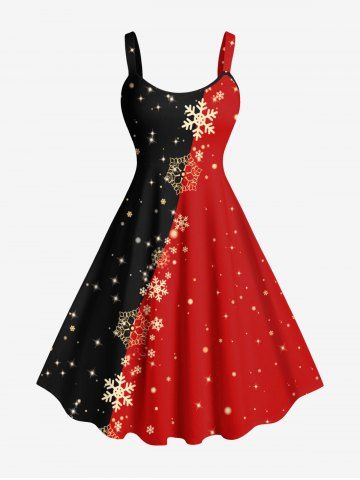 Plus Size Christmas Snowflake Two Tone Colorblock Star Glitter 3D Print Tank Dress - BLACK - 6X