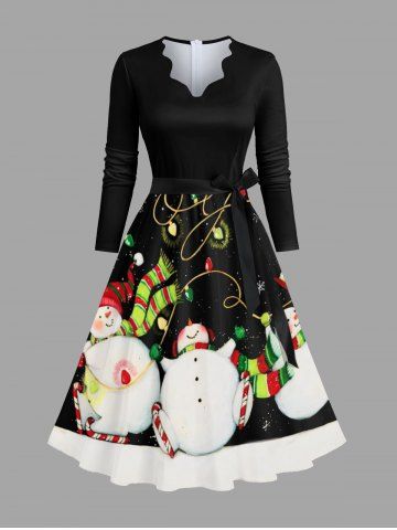 Plus Size Christmas Light Snowman Snowflake Colorblock Print Scalloped V Neck Dress With A Belt - BLACK - 6XL