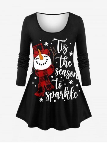 T-shirt Echarpe de Noël Chapeau et Bonhomme de Neige Imprimés de Grande Taille - BLACK - XS