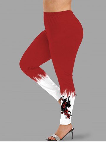 Plus Size Floral Butterfly Cat Print Leggings - RED - XS