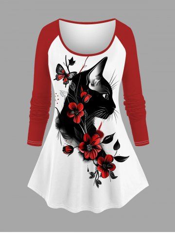 Plus Size Floral Butterfly Cat Print Raglan Sleeves T-shirt - WHITE - XS