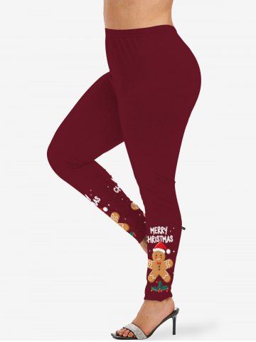 Plus Size Christmas Hat Gingerbread Holy Fruit Leaf Letters Print Leggings - DEEP RED - XS