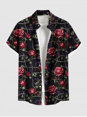 Plus Size Rose Flower Leaf Vine Branch Print Hawaii Valentines Button Pocket Shirt For Men - BLACK - S