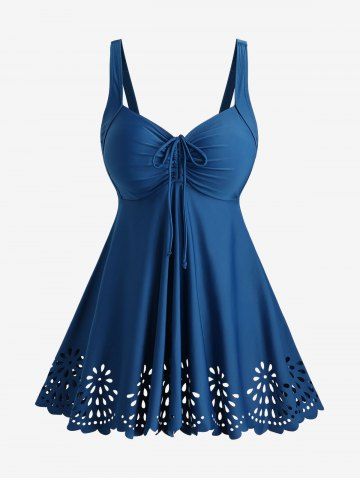Plus Size Cut Out Flowers Cinched Panel Tankini Swimsuit(Adjustable Shoulder Strap) - BLUE - L | US 12