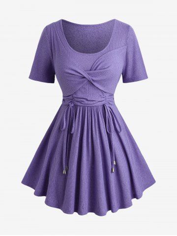 Plus Size Twist Panel Cinched Wiast Textured Ribbed Top - PURPLE - L | US 12