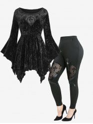 Tulip Flower Mesh Flocking Embossed Crinkle Patchwork Velvet Handkerchief Asymmetric Bell Sleeves Top and Cross Floral Flocking Mesh Patchwork PU Leather Pocket Leggings Plus Size Outfit -  