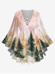 Plus Size Christmas Tree Print Ombre Lattice Long Sleeves T-shirt -  