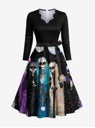 Plus Size Skull Skeleton Moon Planet Galaxy Print Scalloped Neck A Line Dress with Tied Belt -  