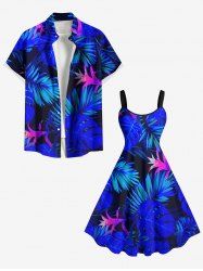 Tenue de Plage à Imprimé Feuilles Tropicales Grande-Taille pour Couples - Bleu 