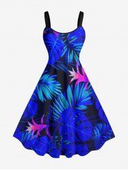 Plus Size Tropical Leaf Flower Print Hawaii Tank Dress -  