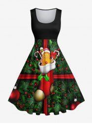 Plus Size Christmas Sock Holy Fruit Leaf Candy Gingerbread Print 1950s Vintage Dress -  