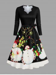 Plus Size Christmas Light Snowman Snowflake Colorblock Print Scalloped V Neck Dress With A Belt -  