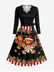 Plus Size Christmas Candy Holy Fruit Gingerbread Star Print Scalloped V Neck Dress With A Belt -  