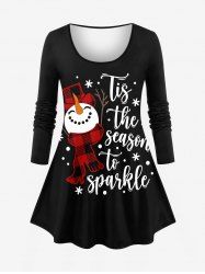 Plus Size Christmas Snowman Snowflake Hat Scarf Print T-shirt -  