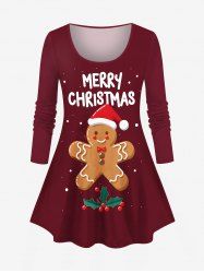 T-shirt Imprimé Feuilles et Lettre Noël Grande Taille - Rouge foncé 6X
