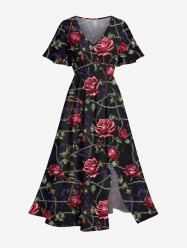 Plus Size Rose Flower Leaf Vine Branch Print Hawaii Valentines Split Pocket  A Line Midi Dress -  
