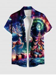 Plus Size Colorful Christmas Tree Elk Gift Ball Galaxy Print Button Pocket Shirt For Men -  