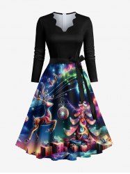 Plus Size Colorful Christmas Tree Elk Gift Ball Galaxy Print Scalloped Neck A Line Dress with Tied Belt -  